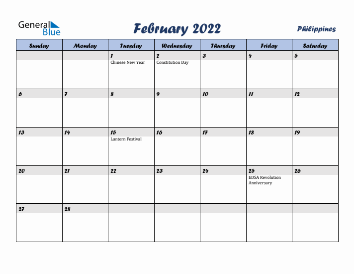 February 2022 Calendar with Holidays in Philippines