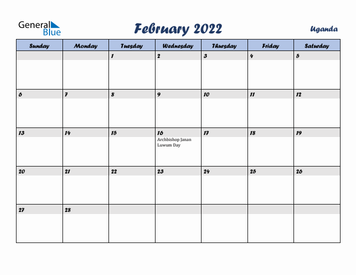February 2022 Calendar with Holidays in Uganda