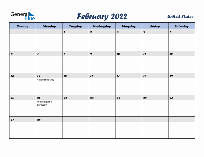February 2022 Calendar with Holidays in United States