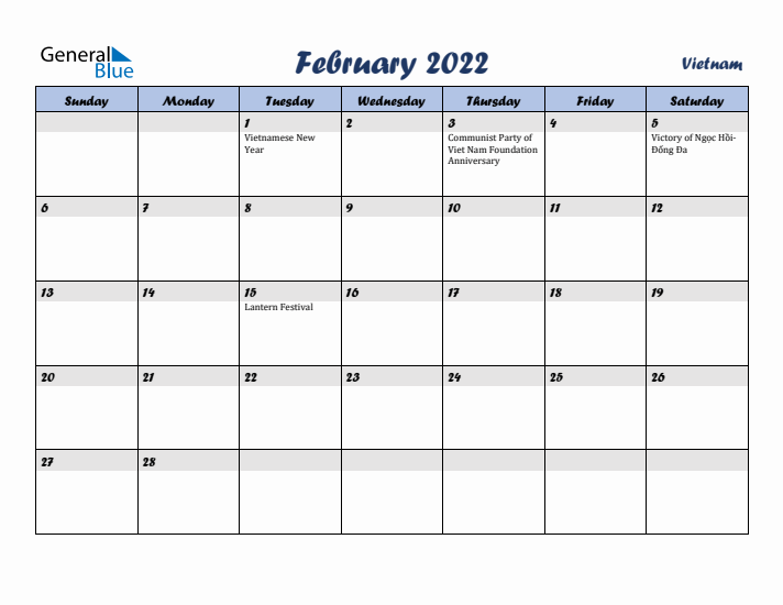 February 2022 Calendar with Holidays in Vietnam