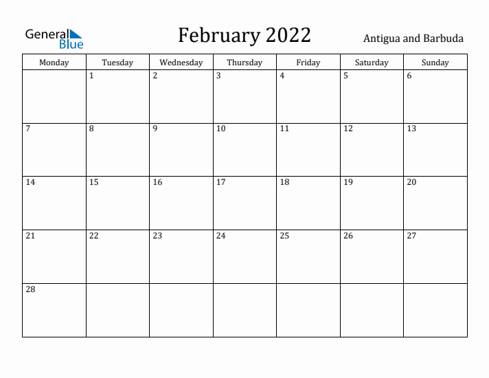 February 2022 Calendar Antigua and Barbuda