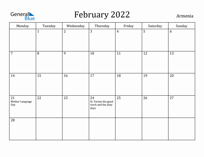 February 2022 Calendar Armenia