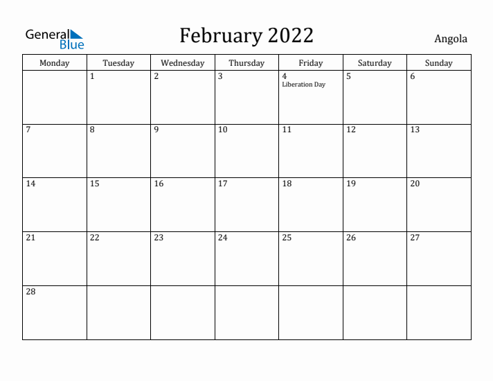 February 2022 Calendar Angola