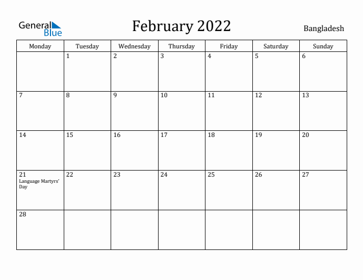 February 2022 Calendar Bangladesh
