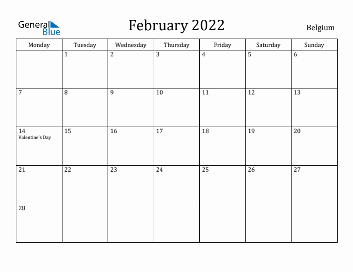 February 2022 Calendar Belgium