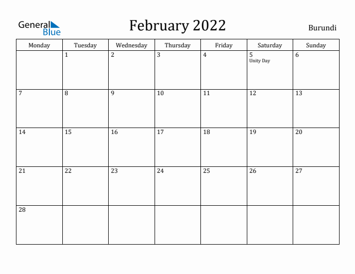 February 2022 Calendar Burundi