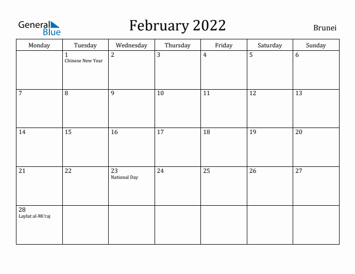 February 2022 Calendar Brunei