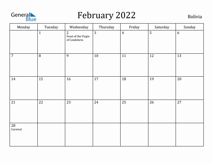 February 2022 Calendar Bolivia