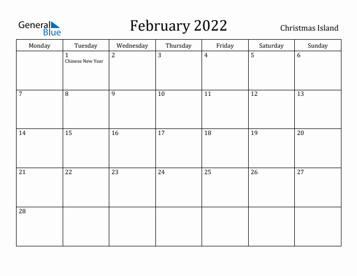 February 2022 Calendar Christmas Island