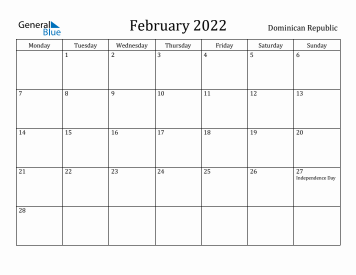 February 2022 Calendar Dominican Republic