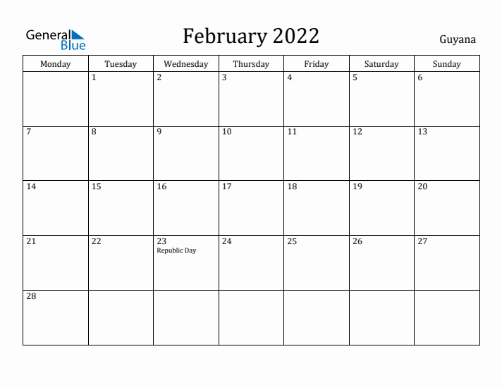 February 2022 Calendar Guyana