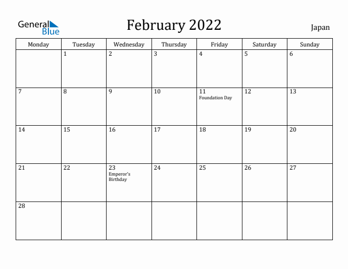 February 2022 Calendar Japan