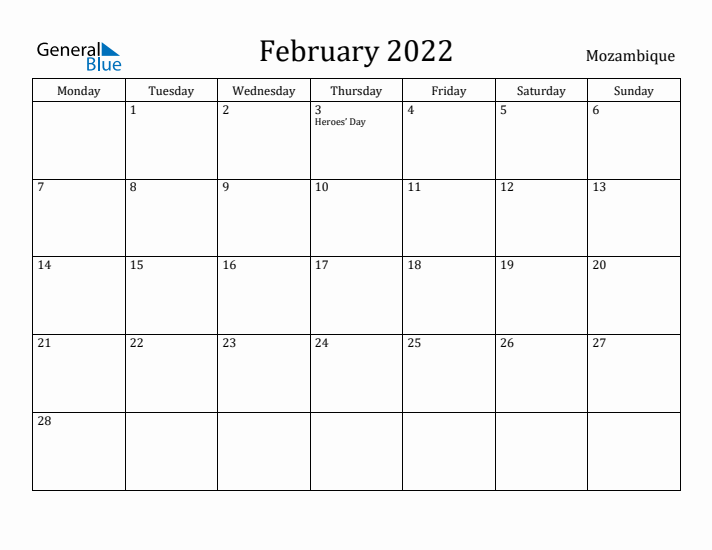 February 2022 Calendar Mozambique