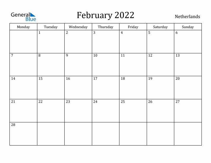 February 2022 Calendar The Netherlands