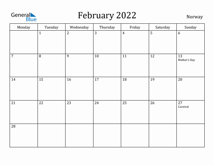 February 2022 Calendar Norway