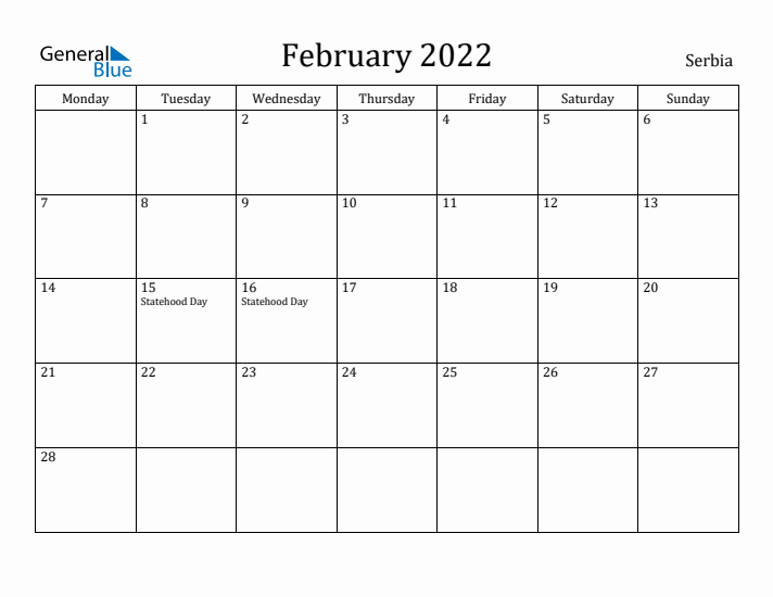 February 2022 Calendar Serbia