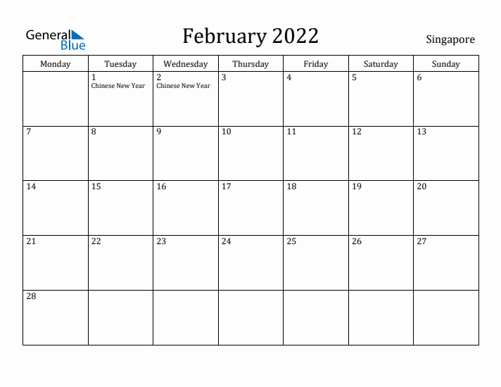 February 2022 Calendar Singapore