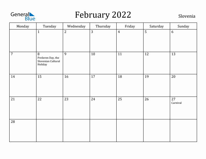 February 2022 Calendar Slovenia