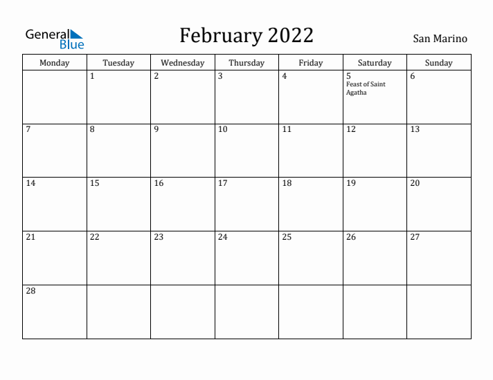 February 2022 Calendar San Marino