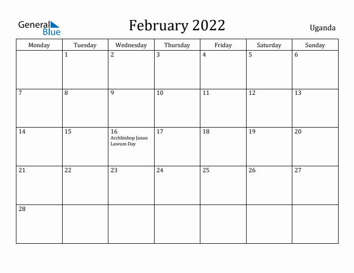 February 2022 Calendar Uganda