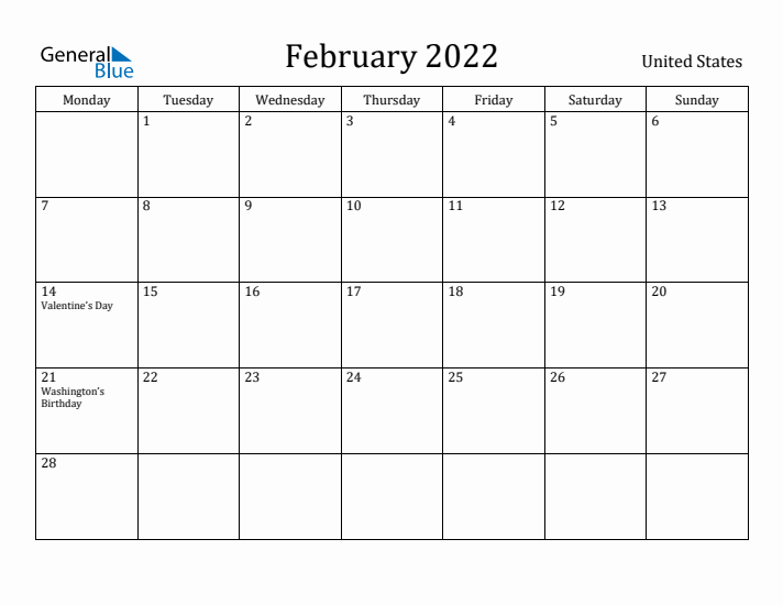 February 2022 Calendar United States