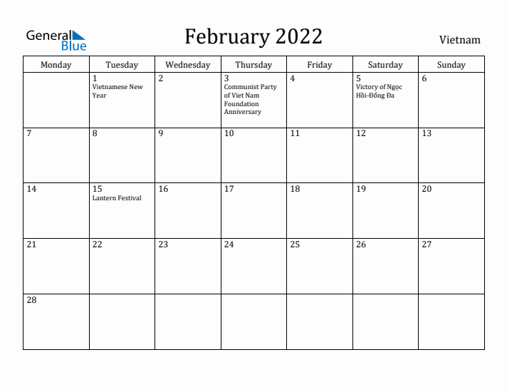 February 2022 Calendar Vietnam