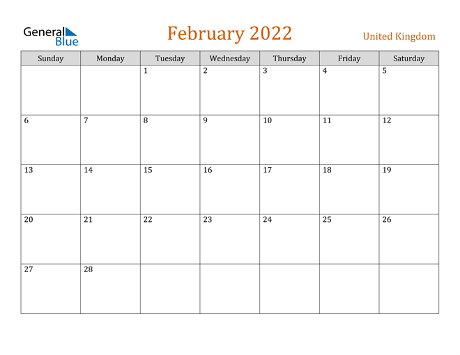 united kingdom february 2022 calendar with holidays