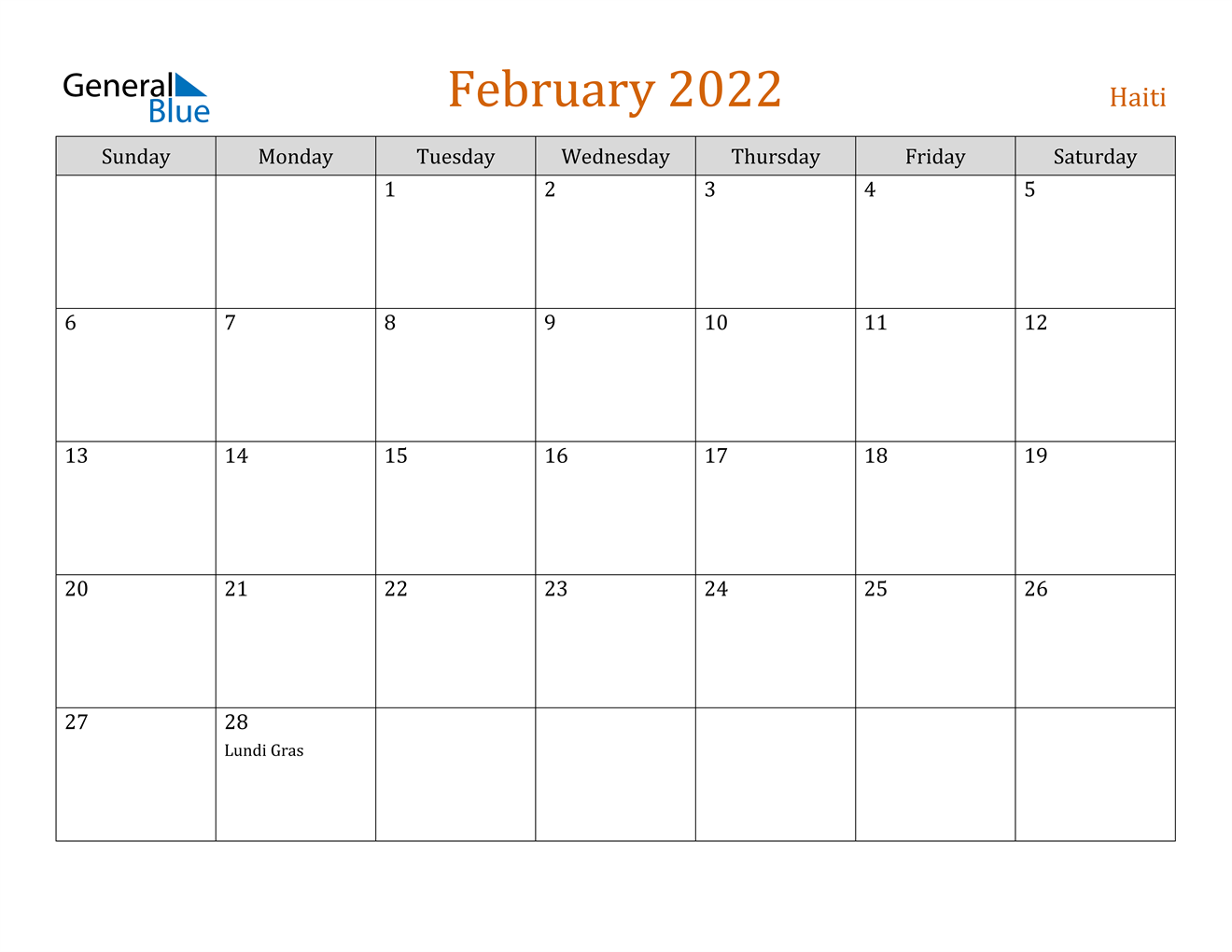february 2022 calendar haiti