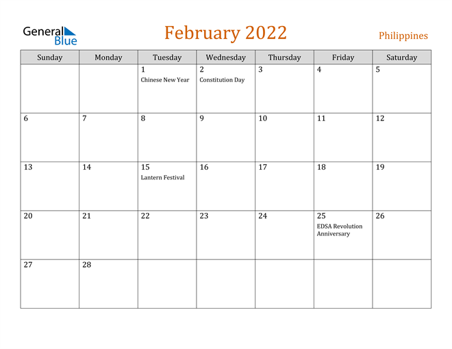 Febraury 2022 Calendar Philippines February 2022 Calendar With Holidays