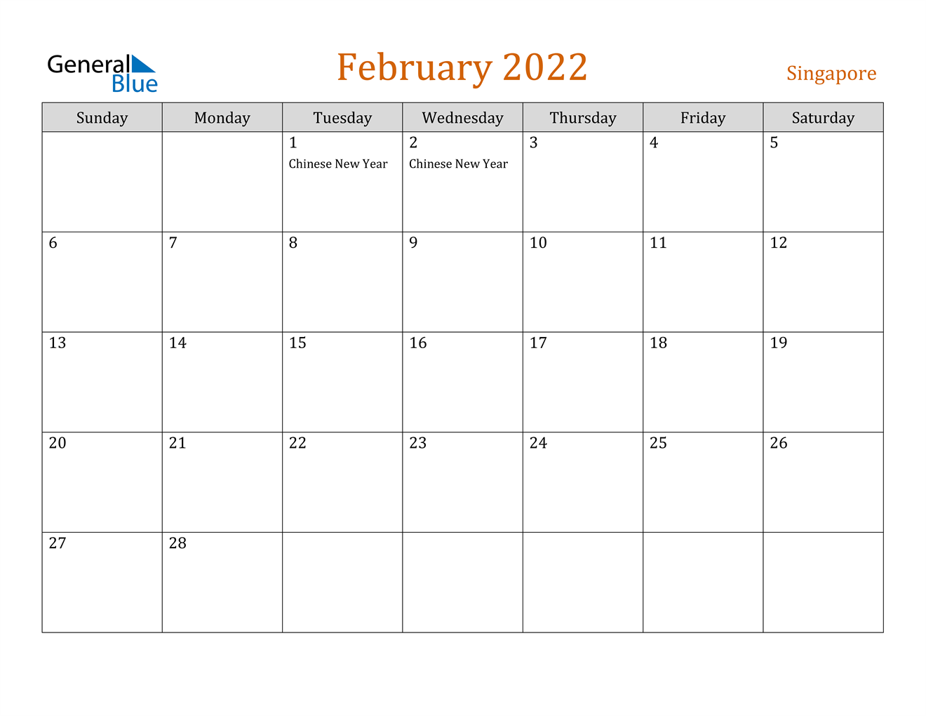 February 2022 Calendar - Singapore