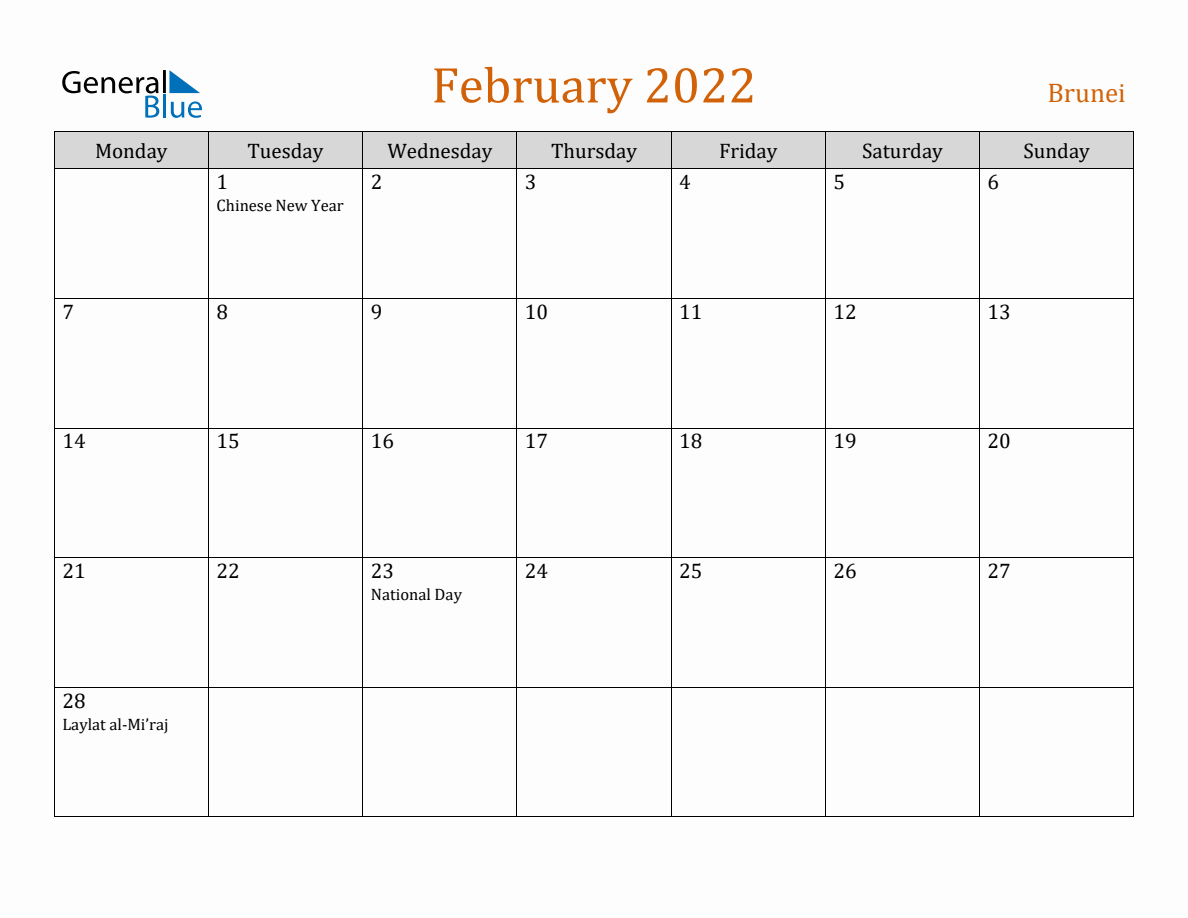 Free February 2022 Brunei Calendar