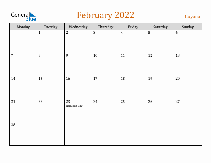 February 2022 Holiday Calendar with Monday Start