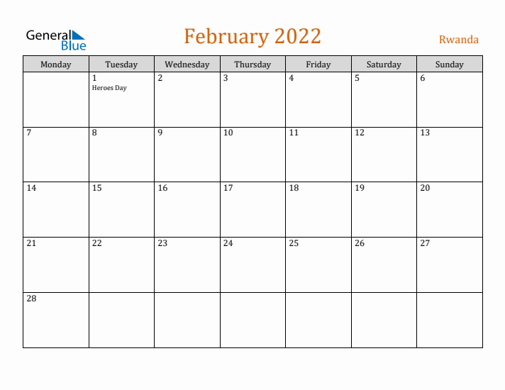 February 2022 Holiday Calendar with Monday Start