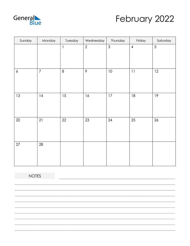  Printable Calendar with Notes - February 2022