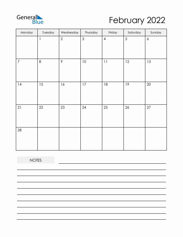 Printable Calendar with Notes - February 2022 