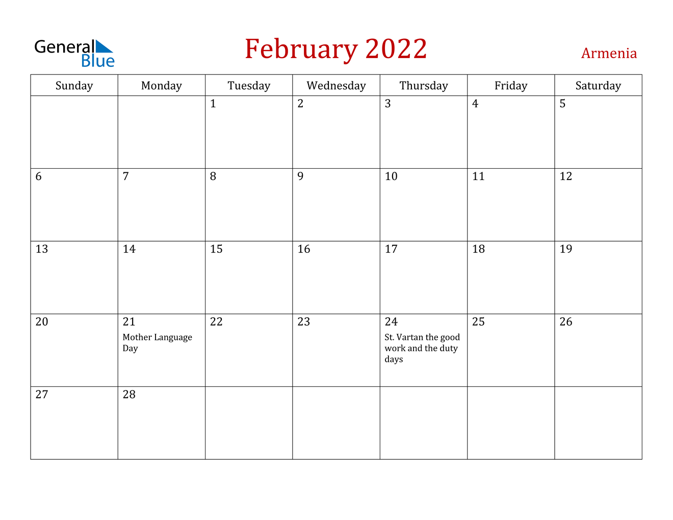 armenia february 2022 calendar with holidays