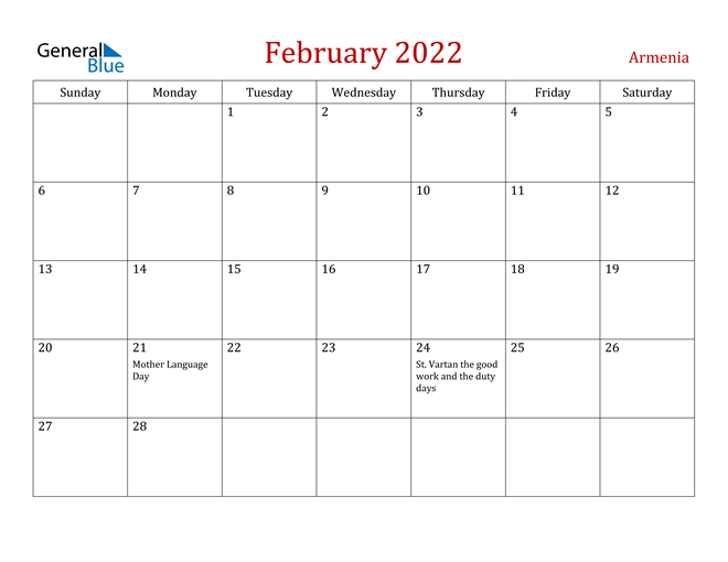Armenia February 2022 Calendar