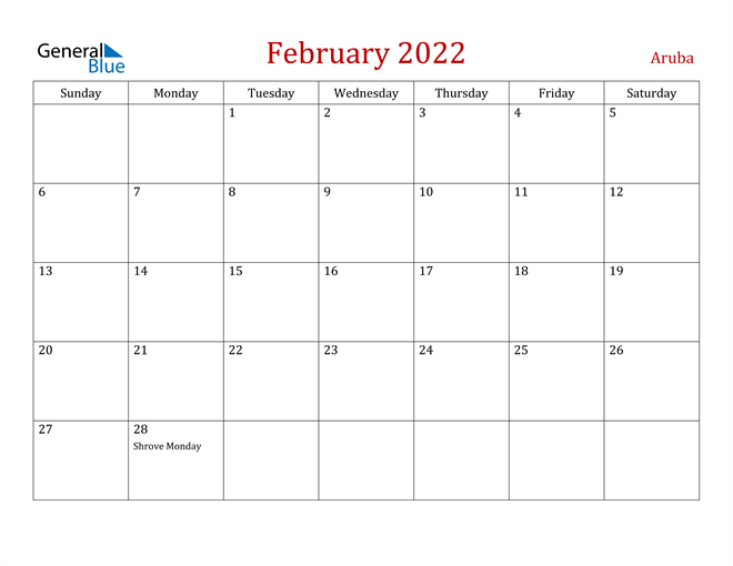 Aruba February 2022 Calendar