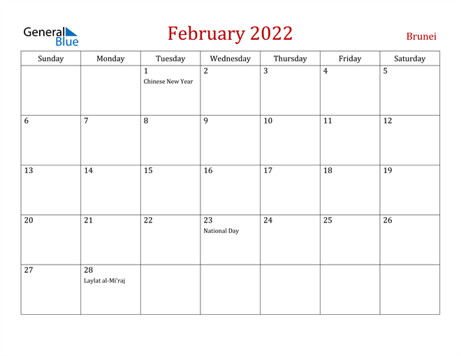 February 2022 Calendar with Brunei Holidays