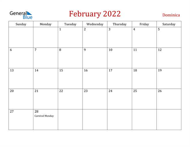 Dominica February 2022 Calendar