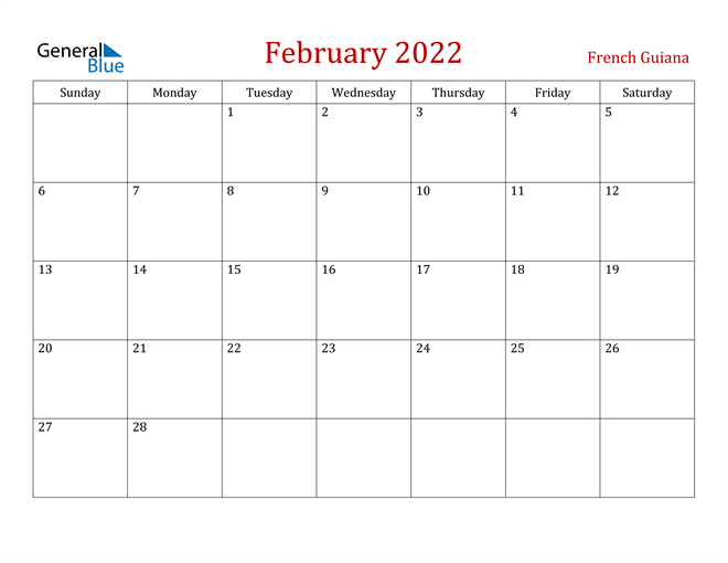 French Guiana February 2022 Calendar