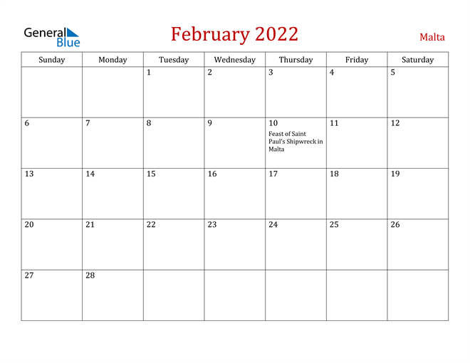 Malta February 2022 Calendar