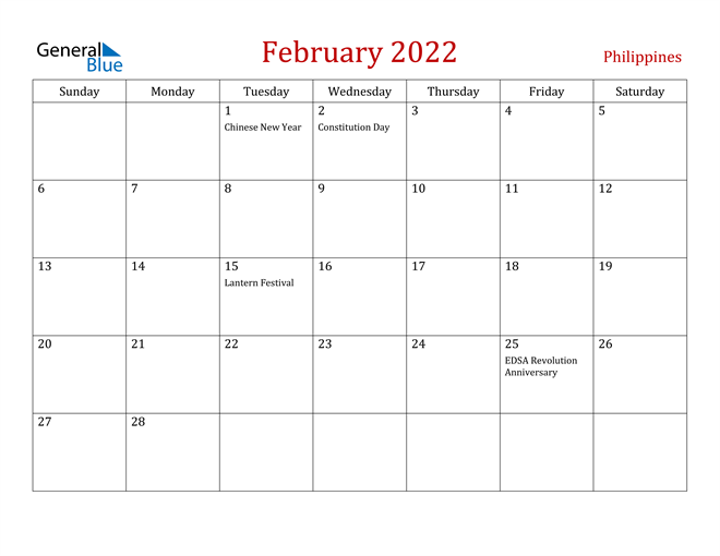 February 2022 Holiday Calendar Philippines February 2022 Calendar With Holidays