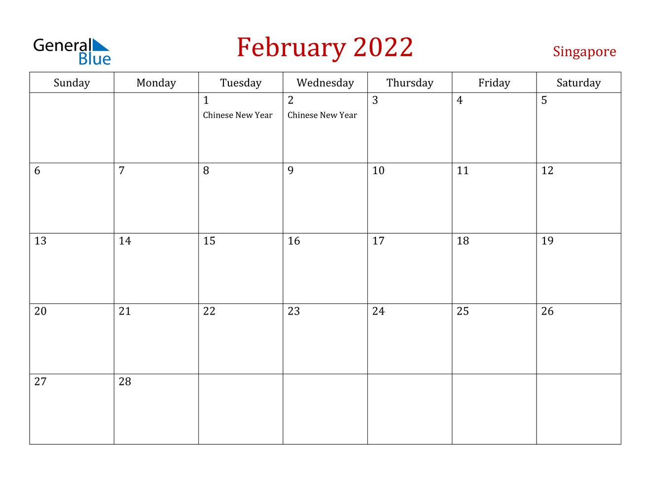 singapore february 2022 calendar with holidays