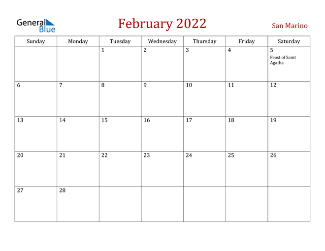 San Marino February 2022 Calendar