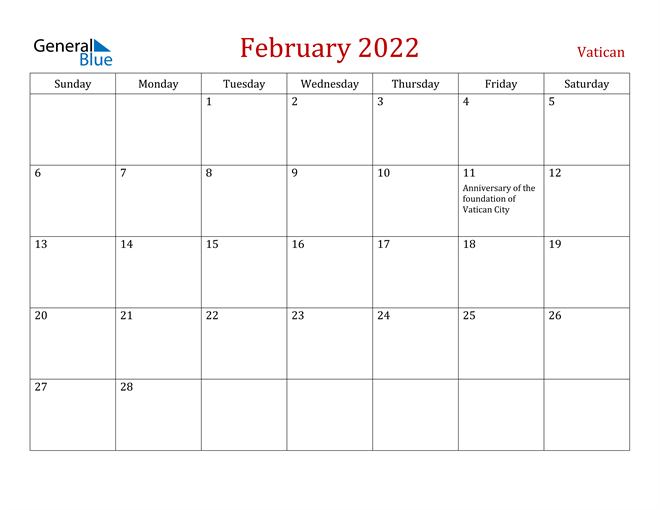 Vatican February 2022 Calendar