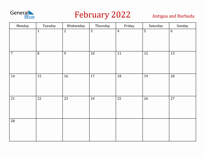 Antigua and Barbuda February 2022 Calendar - Monday Start