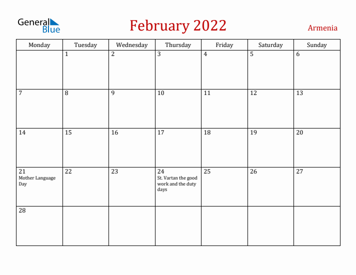Armenia February 2022 Calendar - Monday Start