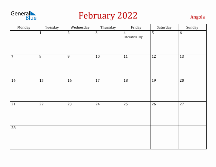 Angola February 2022 Calendar - Monday Start