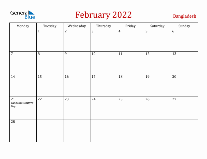 Bangladesh February 2022 Calendar - Monday Start